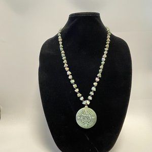 Faux Jade Green Irregular Glass/Stone Beaded Necklace with Medallion